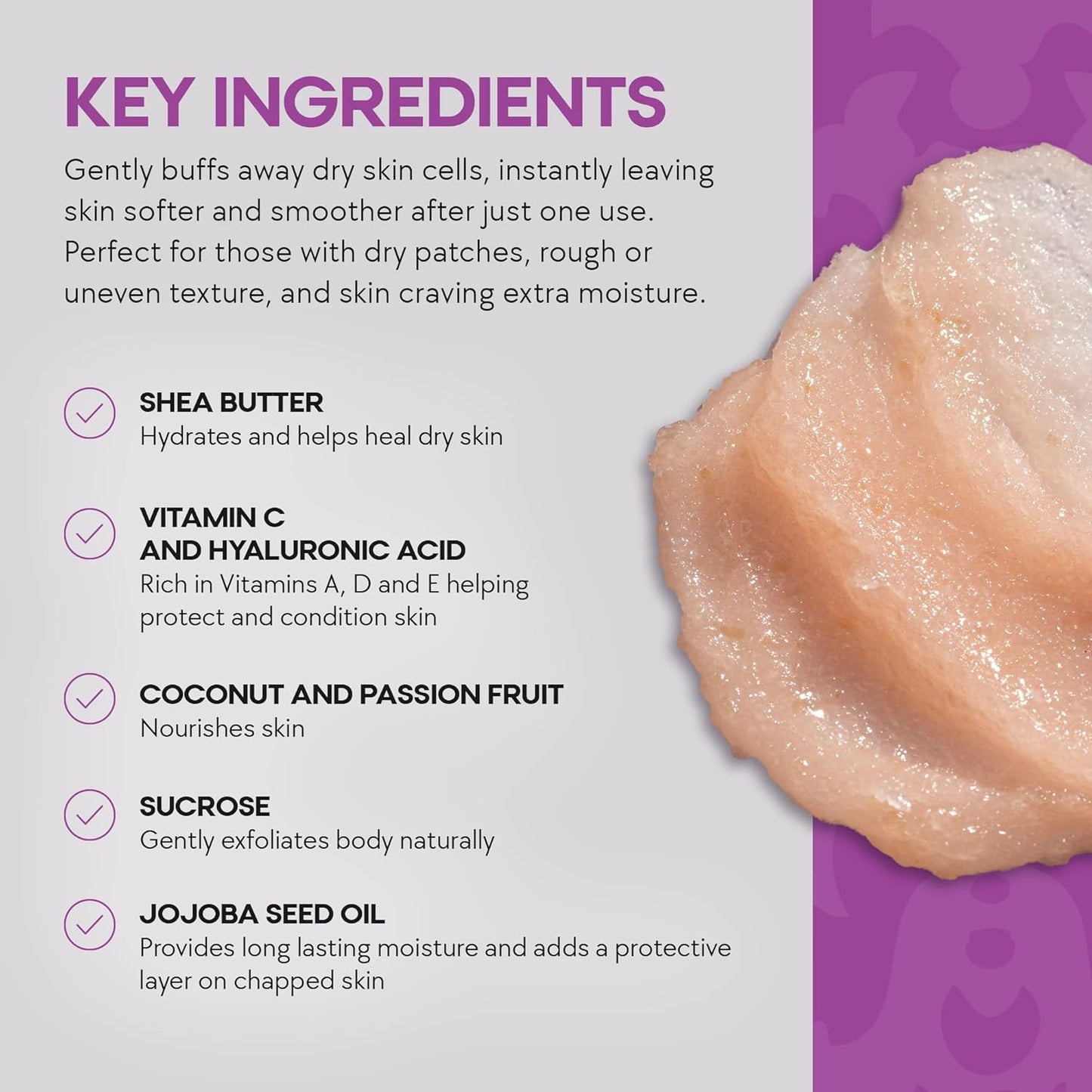 Dermasuri - Exfoliating Sugar Scrub - Body Scrubber for Men & Women - Exfoliates & Removes Dead, Dry Skin for a Soft & Radiant Glow - Deep Hydration - Stocking Gifts for Women - Coconut Passion Fruit