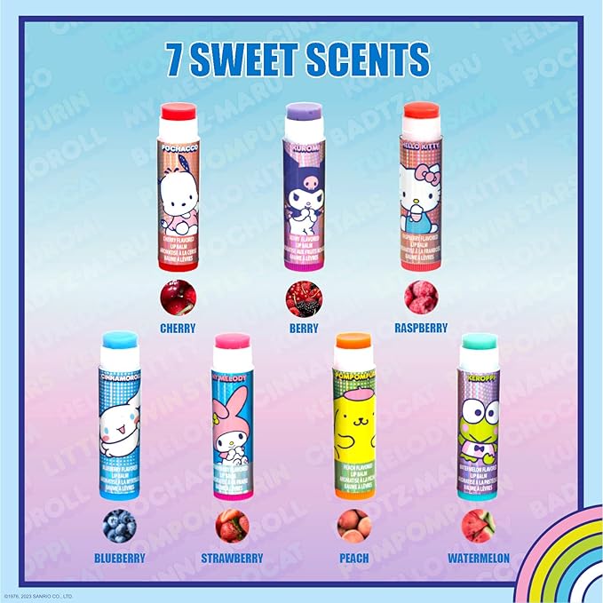 Townley Girl Hello Kitty and Friends 7 Pack Lip Balm with Keychain, Plant Based Lip Balm for Girls Kids