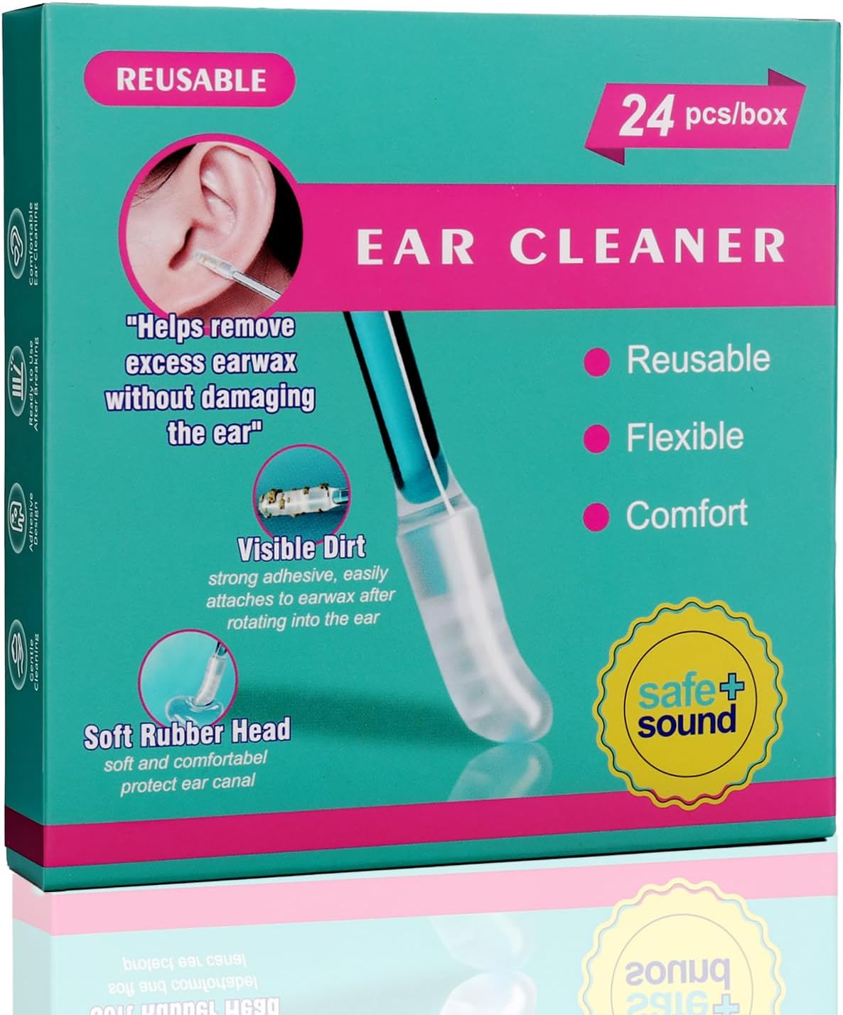 Reusable Ear Wax Removal Swabs, Safe Ear Cleaning Sticks, Adhesive Spiral Ear Sticky Cleaner, Soft Silicone Earwax Remover, 24 Pack
