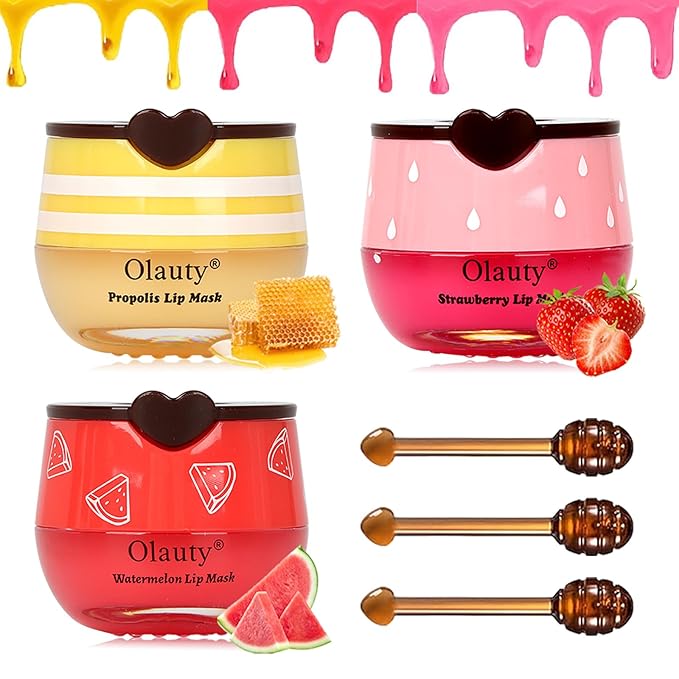 3PCS Bee Lip Balm Honey Pot, Lip Mask Skincare, Prevention Lip Dry Set, Strawberry, Watermelon, Honey Lip Sleeping Moisturizing Lip Balm, Mothers Day Gifts, Teacher Appreciation Gifts