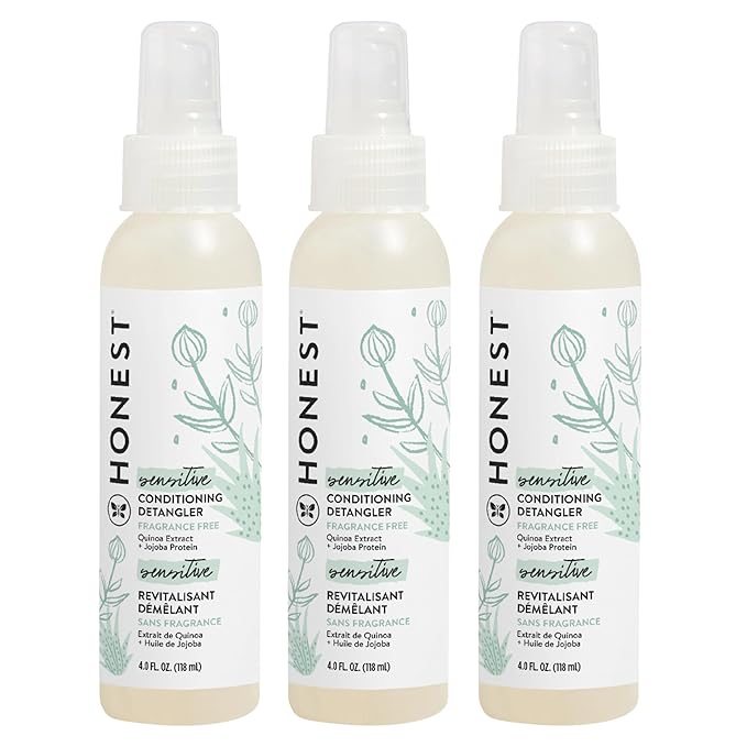 The Honest Company Fragrance-Free Conditioning Hair Detangler Tear-Free Hypoallergenic Leave-In Conditioner and Fortifying Spray for Sensitive Skin 4 fl oz (Pack of 3)