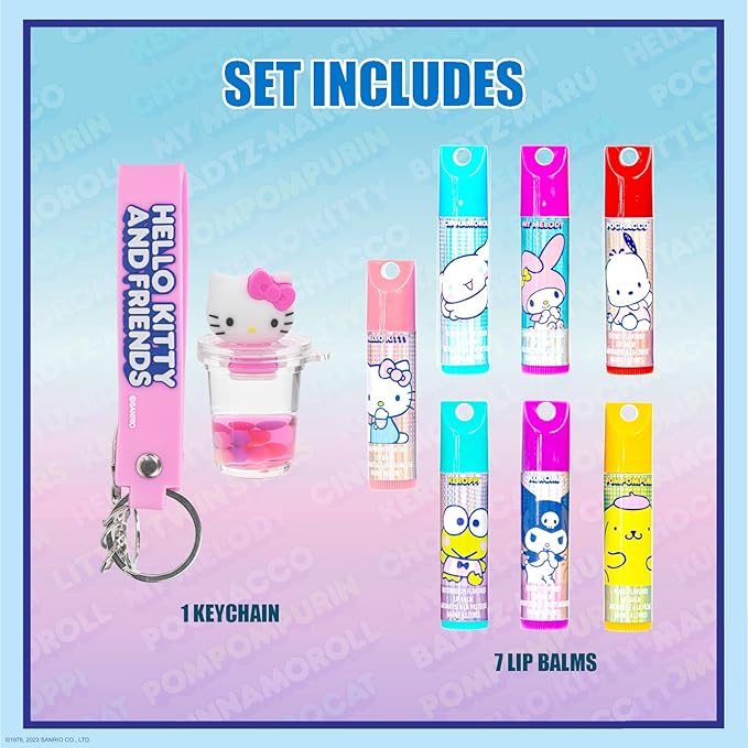 Townley Girl Hello Kitty and Friends 7 Pack Lip Balm with Keychain, Plant Based Lip Balm for Girls Kids