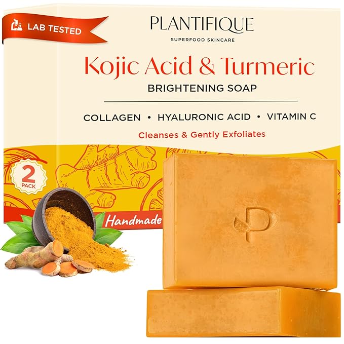 PLANTIFIQUE Kojic Acid Soap for Hyperpigmentation - Turmeric Soap 2 Bars with Hyaluronic Acid, Collagen, Vitamin C for Dark Spots - Face Wash for Women and Men, Vegan Skincare, 160g / 5.64 oz