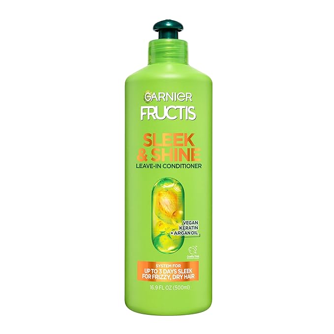 Garnier Fructis Sleek and Shine Intense Smooth Leave In Conditioner, Conditioning Hair Cream for Frizzy, Dry Hair, Plant Keratin + Argan Oil, Value Size, 16.9 Fl Oz