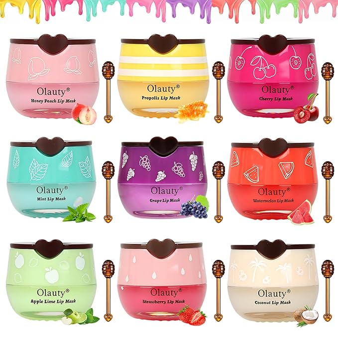 9PCS Bee Lip Balm Lip Mask Honey Pot, Mothers Day Party Favors, Strawberry, Watermelon, Apple Lime, Cherry, Mint, Grapes, Coconut, Peach, Moisturizing Honey Balm Bulk Gifts, Teacher Appreciation Gifts