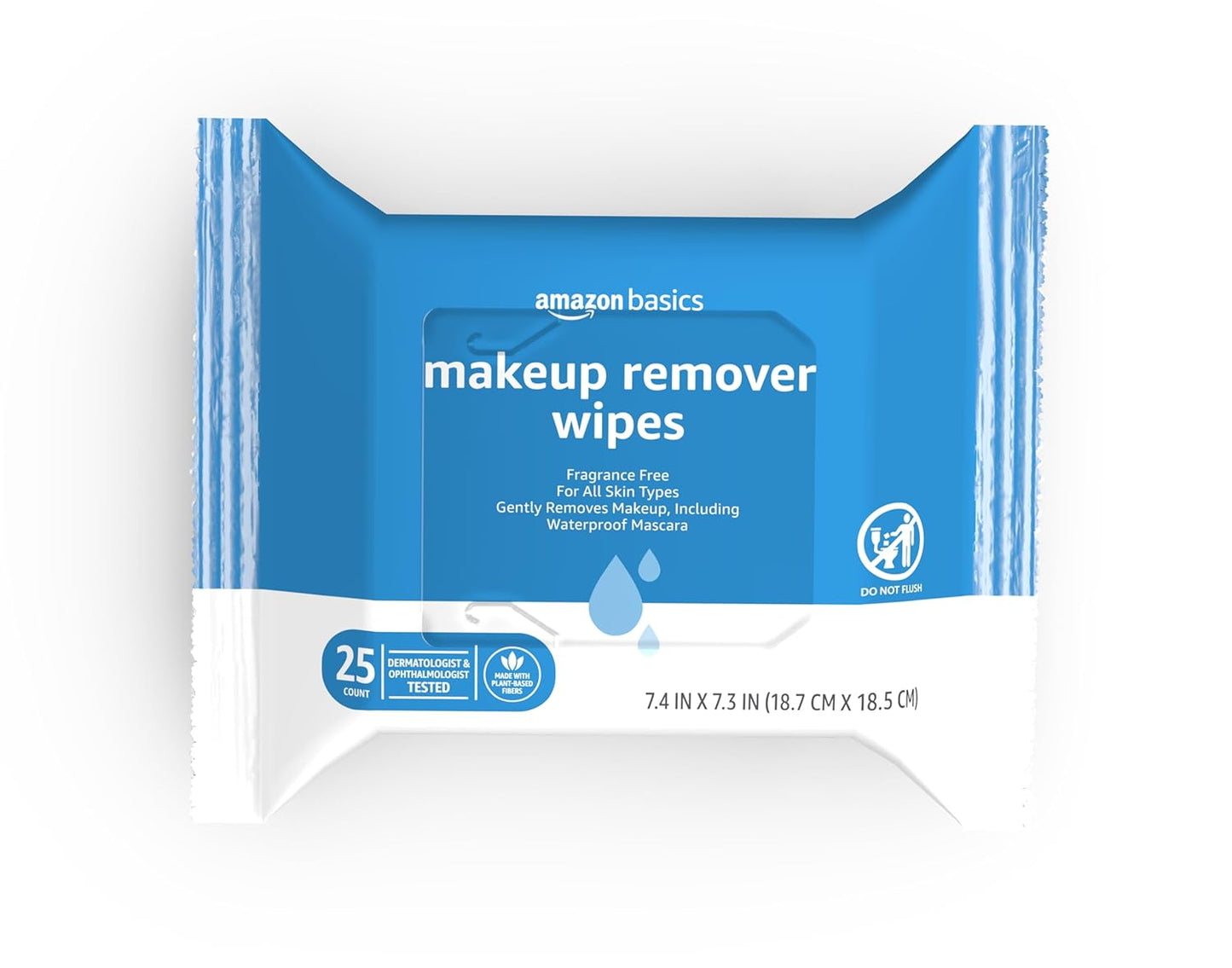 Amazon Basics Makeup Remover Wipes, Gentle Cleansing, Dermatologist Tested, Fragrance Free, Plant Based, Alcohol Free, Removes Waterproof Mascara, 25 Count Per Pack, Pack of 1 (Previously Solimo)
