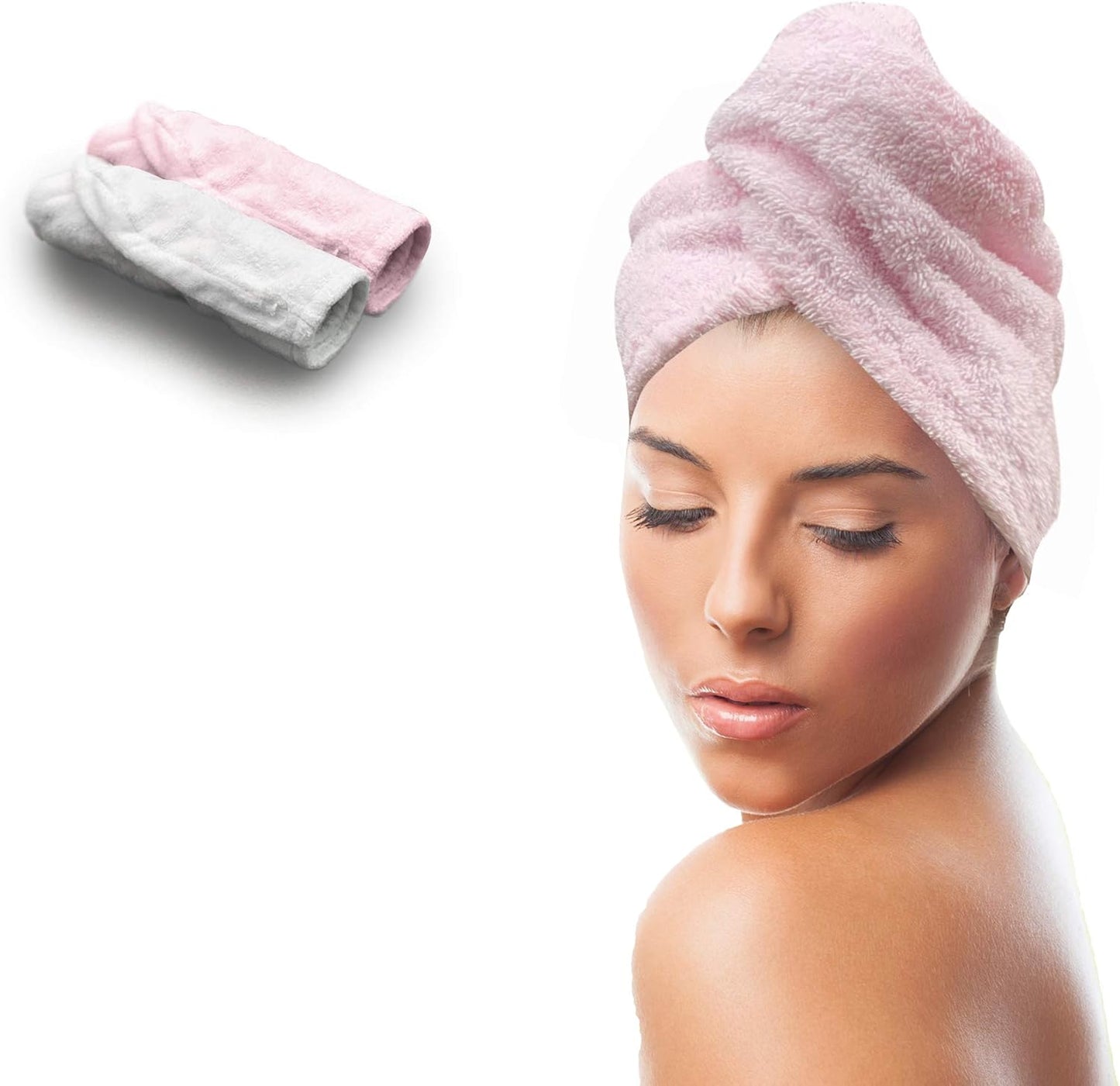 KEEPOZ Hair Towel Wrap Quick Dry 100% Cotton Super Absorbent Turban Head Wrap for Women with Button, Non Microfiber Anti Frizz Hair Cap for Curly, Long & Thick Hair (Pink+White, 2 Pcs)