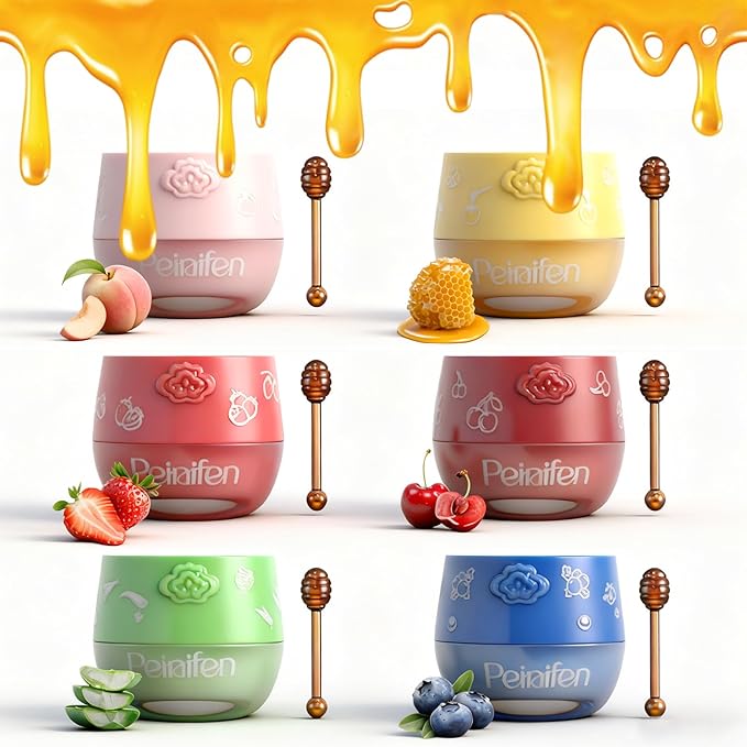 6PCS Bee Lip Balm Honey Pot, Fruit Moisturizing Propolis Lip Mask, Lip Mask Overnight Propolis Moisturizing Lip Balm Hydrating Prevention Dry and Crack Lip Scrubs Exfoliator Lip Care Products