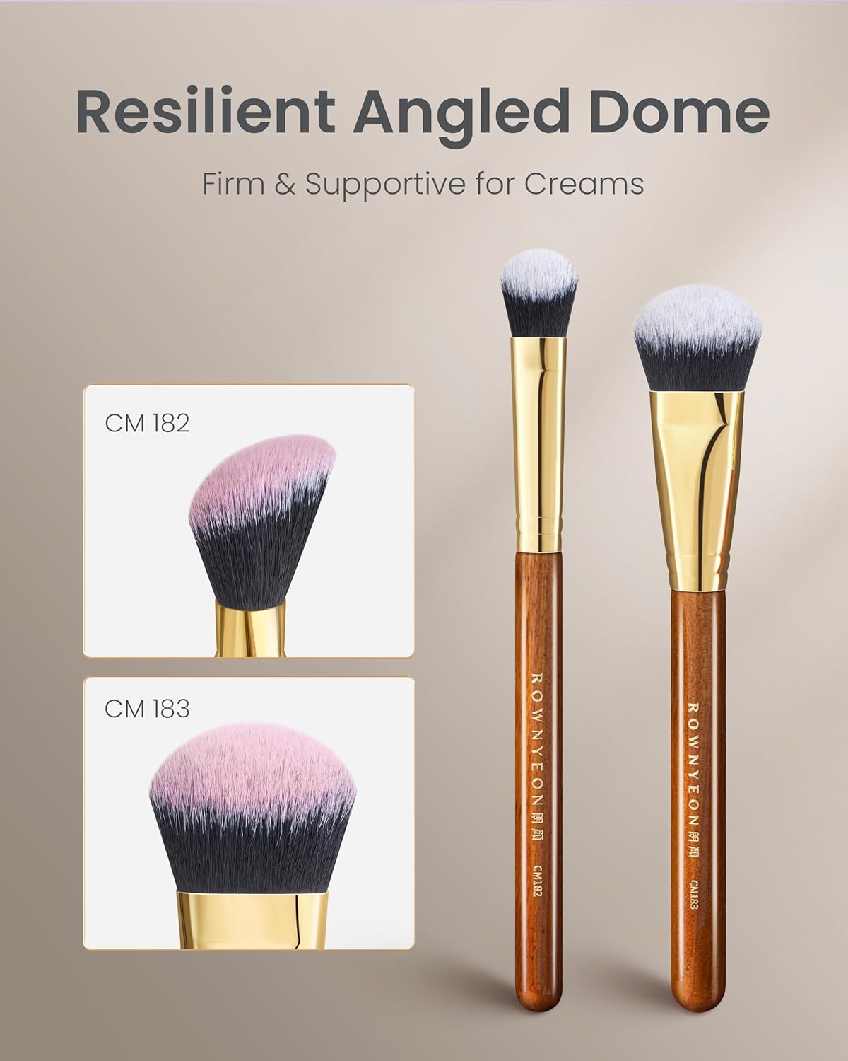 Desert Oak Series Cream Cheek Duo Brush Set - CM 182 Precision Highlighter & CM 183 Angled Blush Brush for Cream/Liquid Products, Bubinga Handle & Brass Ferrule