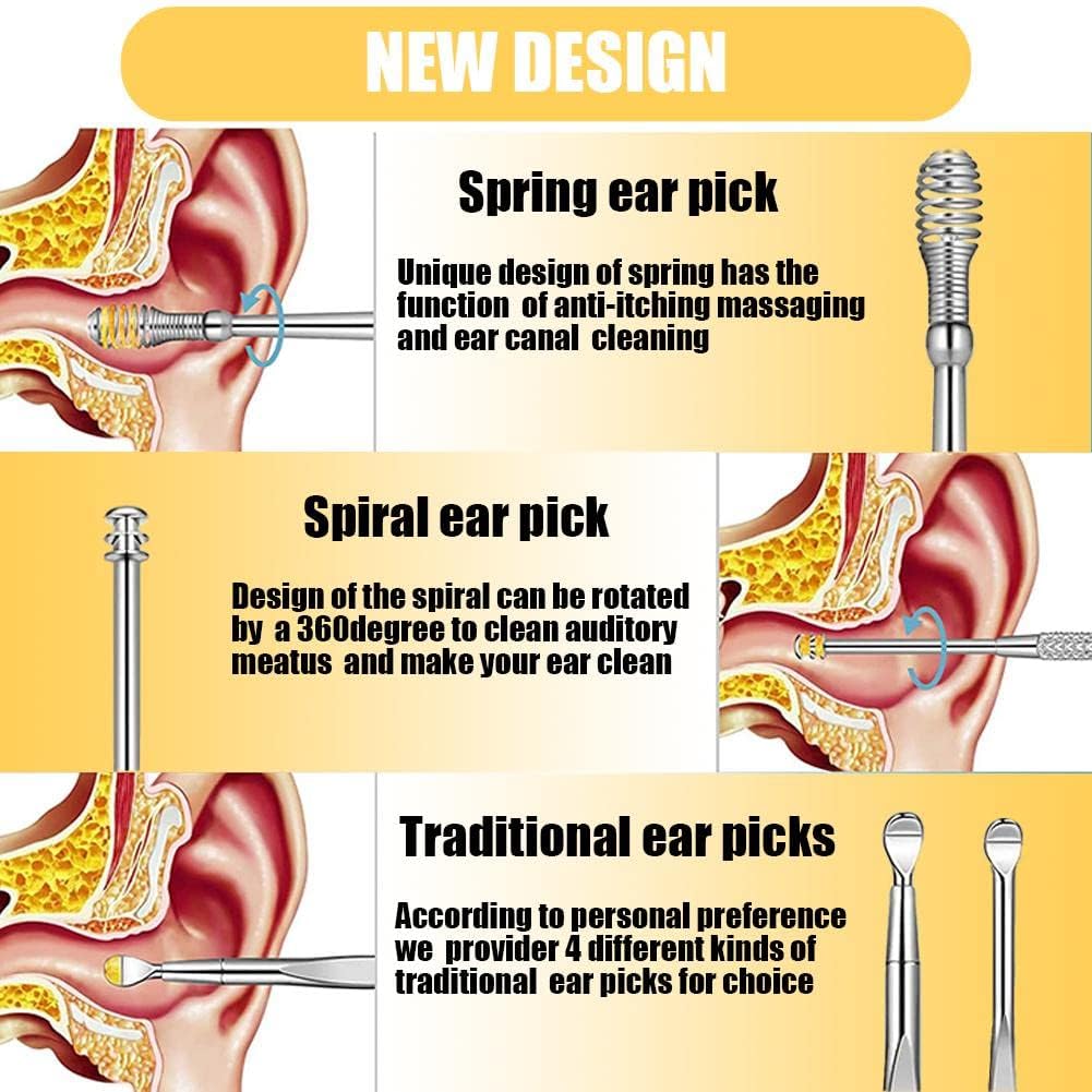 6 Pcs Ear Pick Earwax Removal Kit, Cleansing Tool Set, Curette Cleaner, 360degree Spiral Design Canal Cleaner Stainless Steel,with a Storage Box Portable Kit (Yellow), 11.7x2.8x2cm