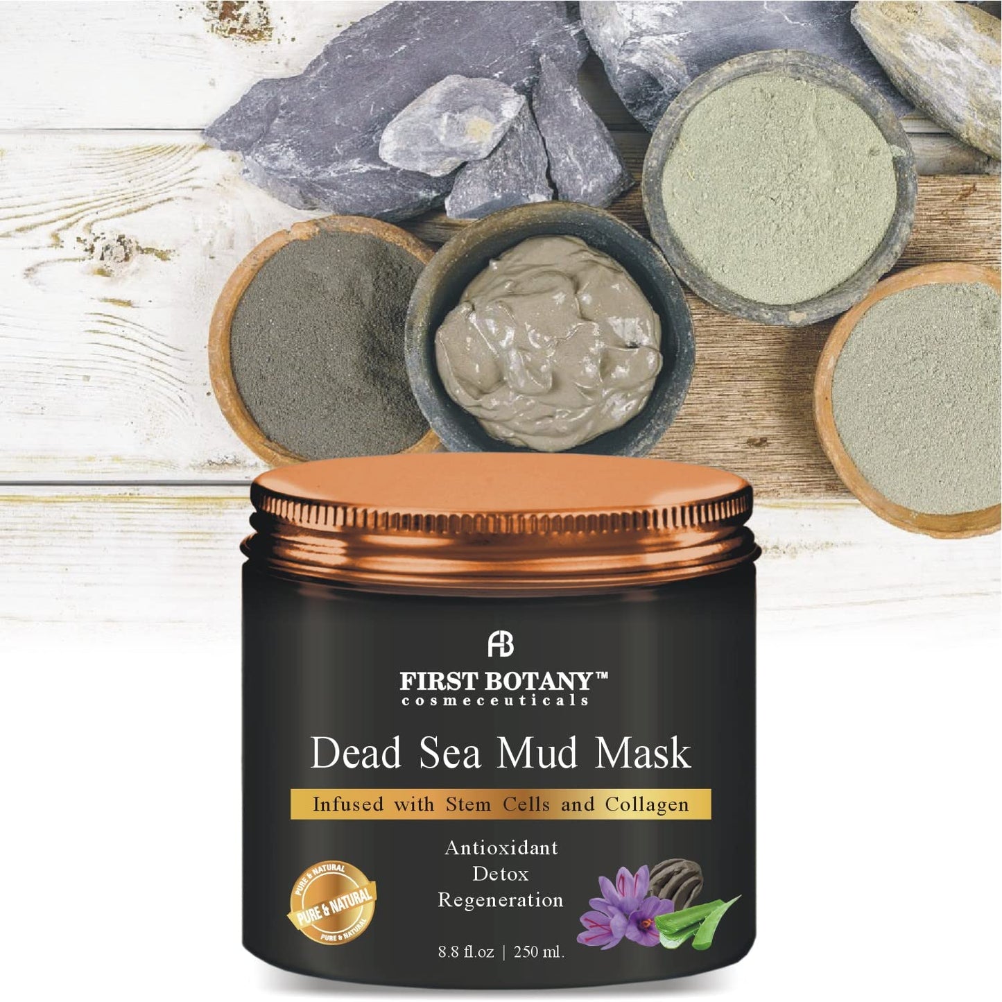 First Botany, 100% Natural Mineral-Infused Dead Sea Mud Mask 8.8oz Stem Cells Facial Treatment Skin Cleanser Pore Reducer Anti Aging Acne Treatment Blackhead Remover Cellulite & Natural Moisturizer