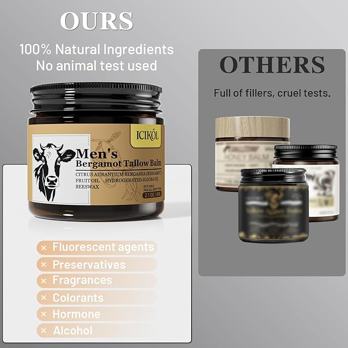 Grass-Fed Beef Tallow Balm for Men - Whipped Tallow Face Moisturizer & Beard Balm with Manuka Honey - Natural After Shave Care for Dry & Sensitive Skin, 2.1 oz