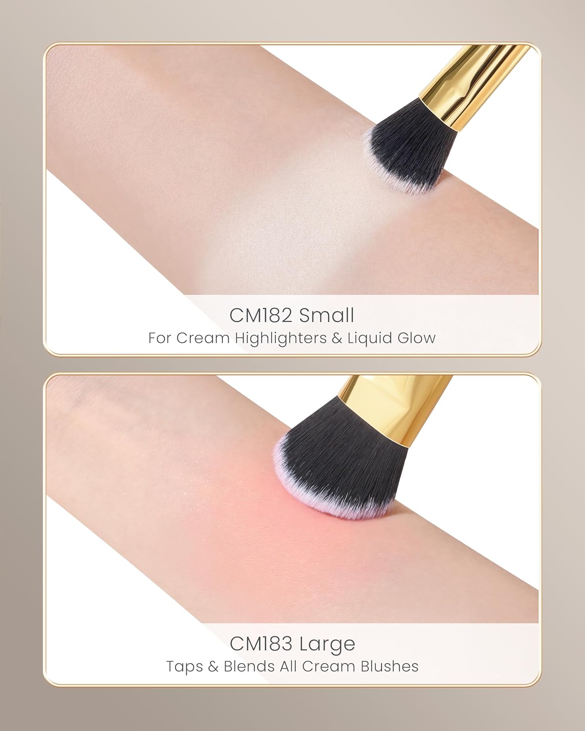 Desert Oak Series Cream Cheek Duo Brush Set - CM 182 Precision Highlighter & CM 183 Angled Blush Brush for Cream/Liquid Products, Bubinga Handle & Brass Ferrule