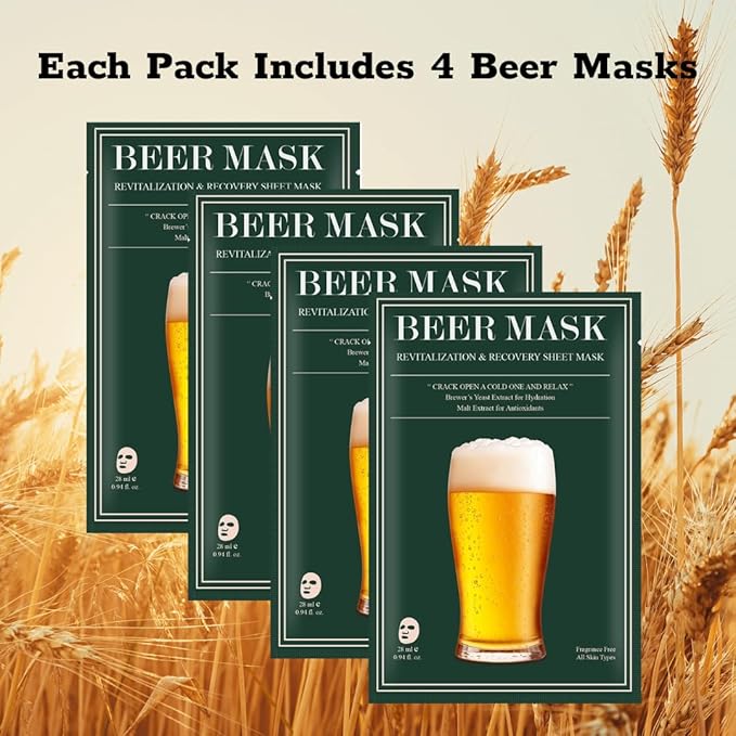 Bachelor Party Pack – 4 Beer Inspired Sheet Masks for Men, Funny Groomsmen Gift, Bachelor Party Favors, Men’s Hydrating Face Mask