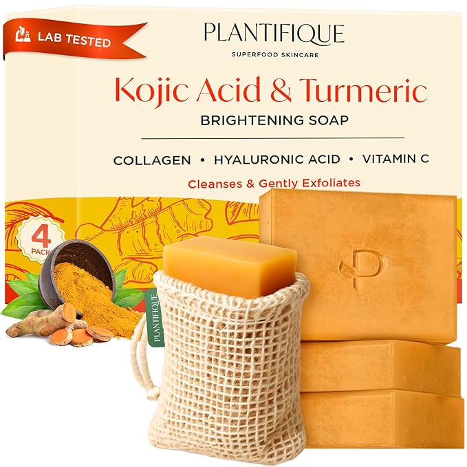 PLANTIFIQUE Kojic Acid Soap for Hyperpigmentation 4 Bars with Mesh Bag - Turmenic Soap with Hyaluronic Acid, Collagen, Vitamin C for Dark Spots - Vegan Skincare, 320g / 11.28 oz
