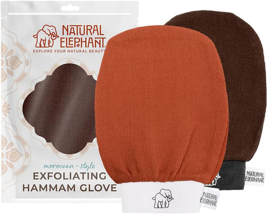 Natural Elephant Exfoliating Hammam Glove | Authentic Moroccan Kessa Body Scrub Mitt for Spa-Quality Skin Renewal | Burnt Orange & Chocolate Brown Pack of 2