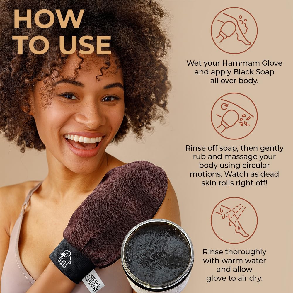 Natural Elephant Exfoliating Hammam Glove - Face and Body Exfoliator Mitt 5 and 10 Packs (1 Black, 1 Brown, 1 Lilac, 1 Teal, 1 Pink (Pack of 5))
