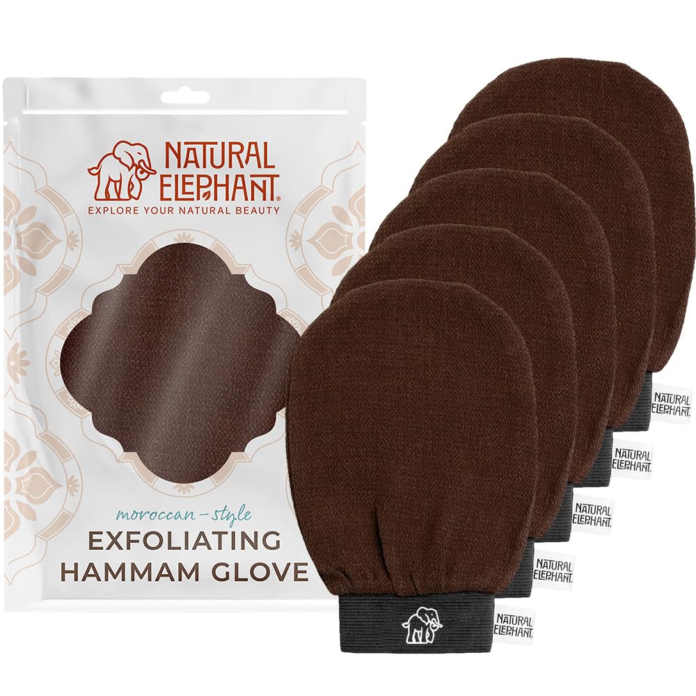 Natural Elephant Exfoliating Hammam Glove - Face and Body Exfoliator Mitt (Chocolate Brown (Pack of 5))