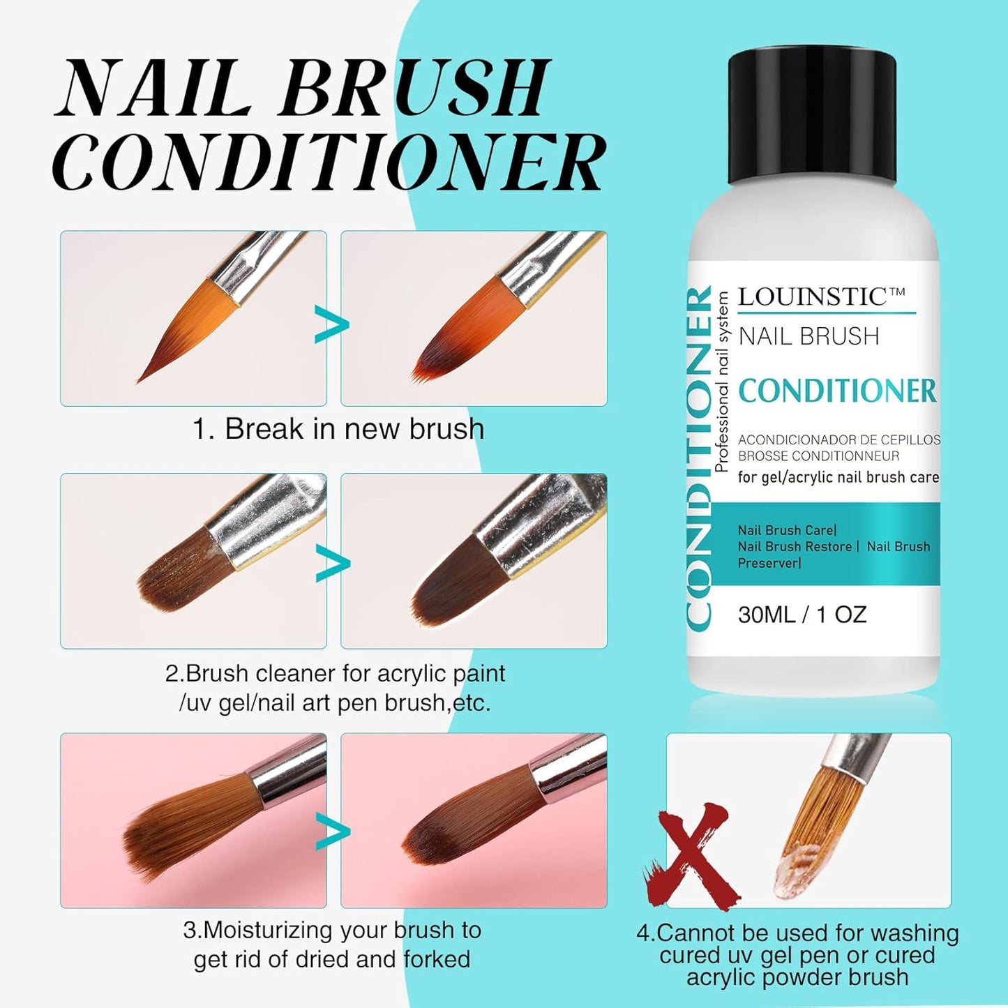LOUINSTIC Nail Brush Cleaner and Conditioner - Quickly Clean Gel Nail Brushes, Paint Brushes, Airbrushes, Art Tools, Preserver and Restorer for Kolinsky Acrylic Brush Etc.