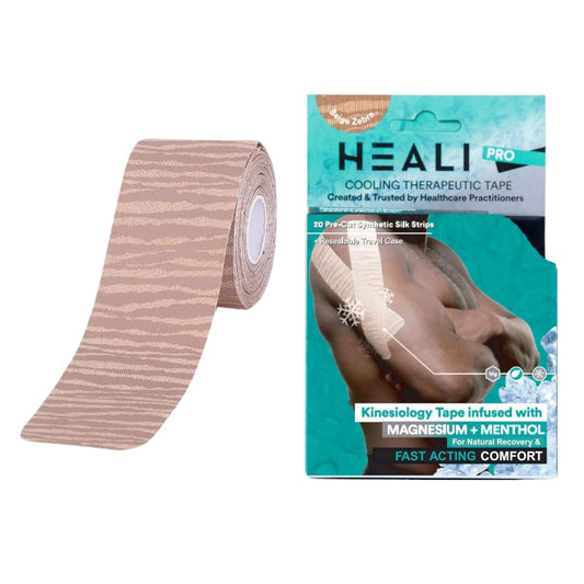 Heali Kinesiology Tape with Magnesium and Menthol, 20 Pcs Precut Strips, K Tape Roll, Knees, for Physical Therapy, Sports, Muscles and Joints, Water Resistant, Beige with Zebra