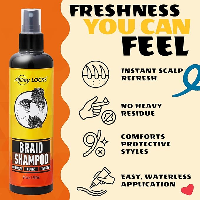 AllDay Locks Braid Shampoo - No Rinse Spray Cleanser, Lightly Detangles & Adds Shine to Braids, Locs, Twists, & Cornrows, For Women & Men, Moisturizes & Cleanses Buildup - 8 oz Bottle