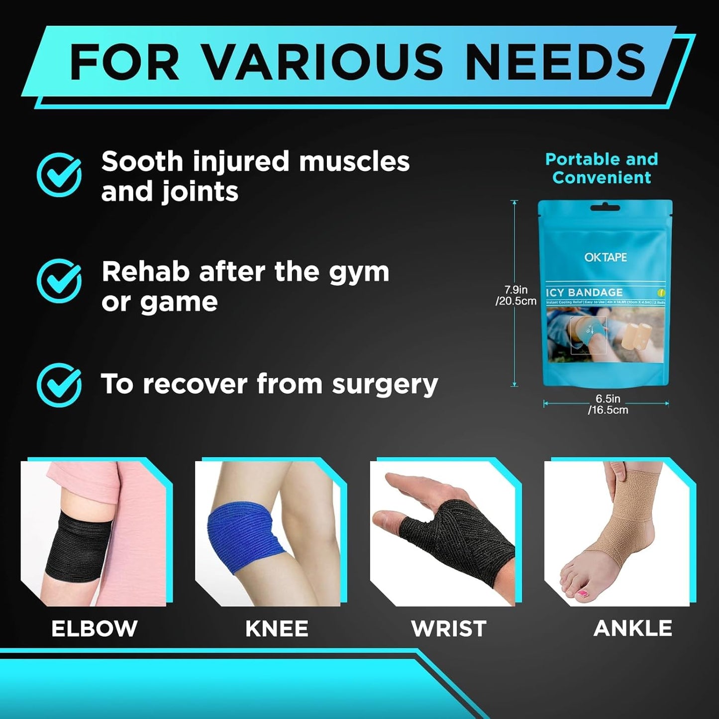 OK TAPE 2 Rolls Ice Self Stick Bandage Wrap, Instant Cold Relief for Knee, Ankle, Wrist, Cold Compress Elastic Athletic Tape for Sports Injuries, No Refrigeration Needed, 4 Inch Wide, Navy Blue