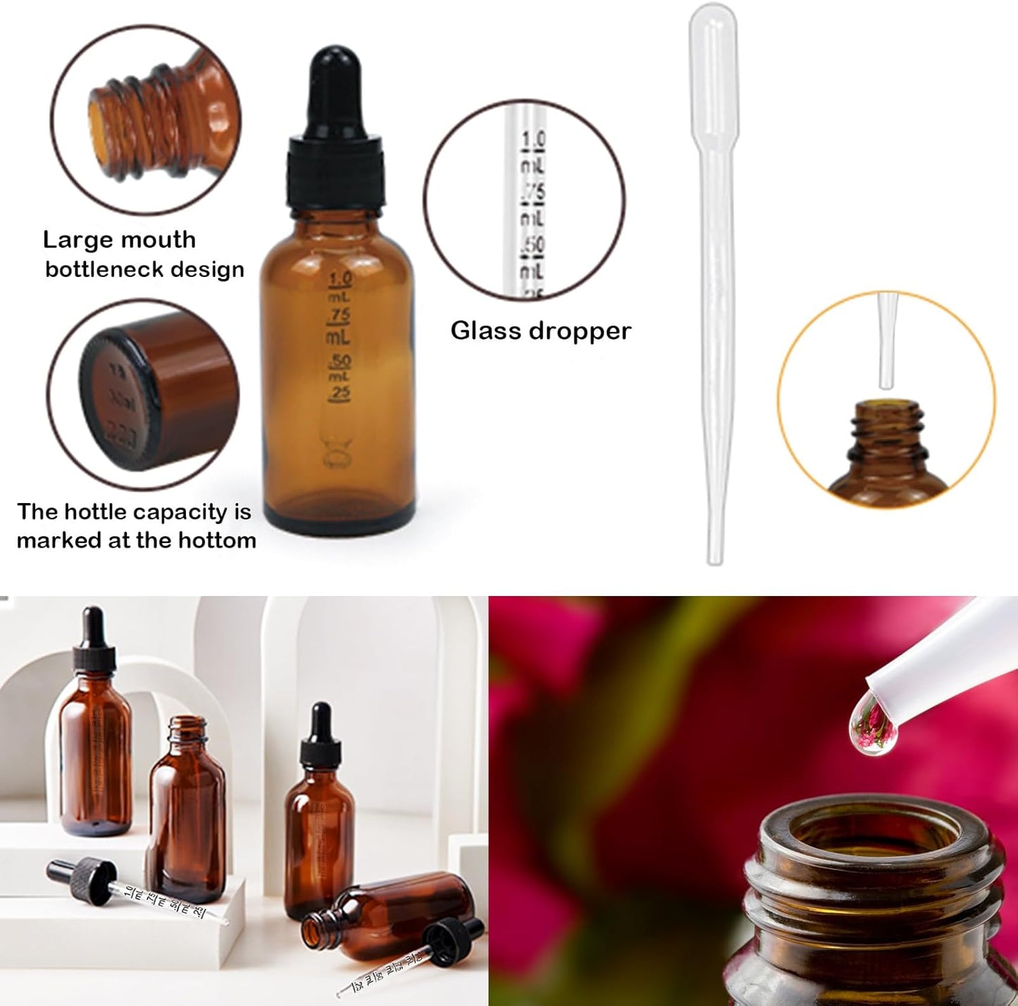 10 Pack 2 Oz Amber Glass Bottles with Dropper, UV Protection, for Essential Oils, Serum, Liquids