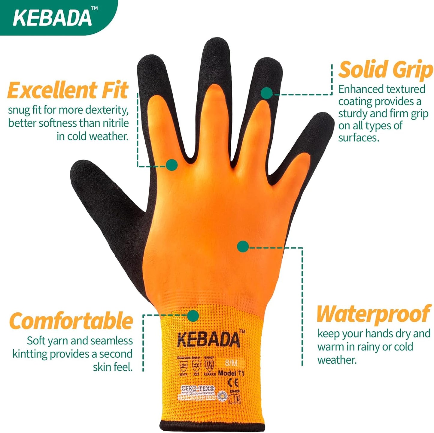 Kebada T1 Waterproof Winter Work Gloves for Men and Women,Insulated Work Gloves for Men Cold Weather,Warm Freezer Gloves XL