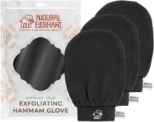 Natural Elephant Exfoliating Hammam Glove | Authentic Moroccan Kessa Body Scrub Mitt for Spa-Quality Skin Renewal | Pure Black 3 Pack