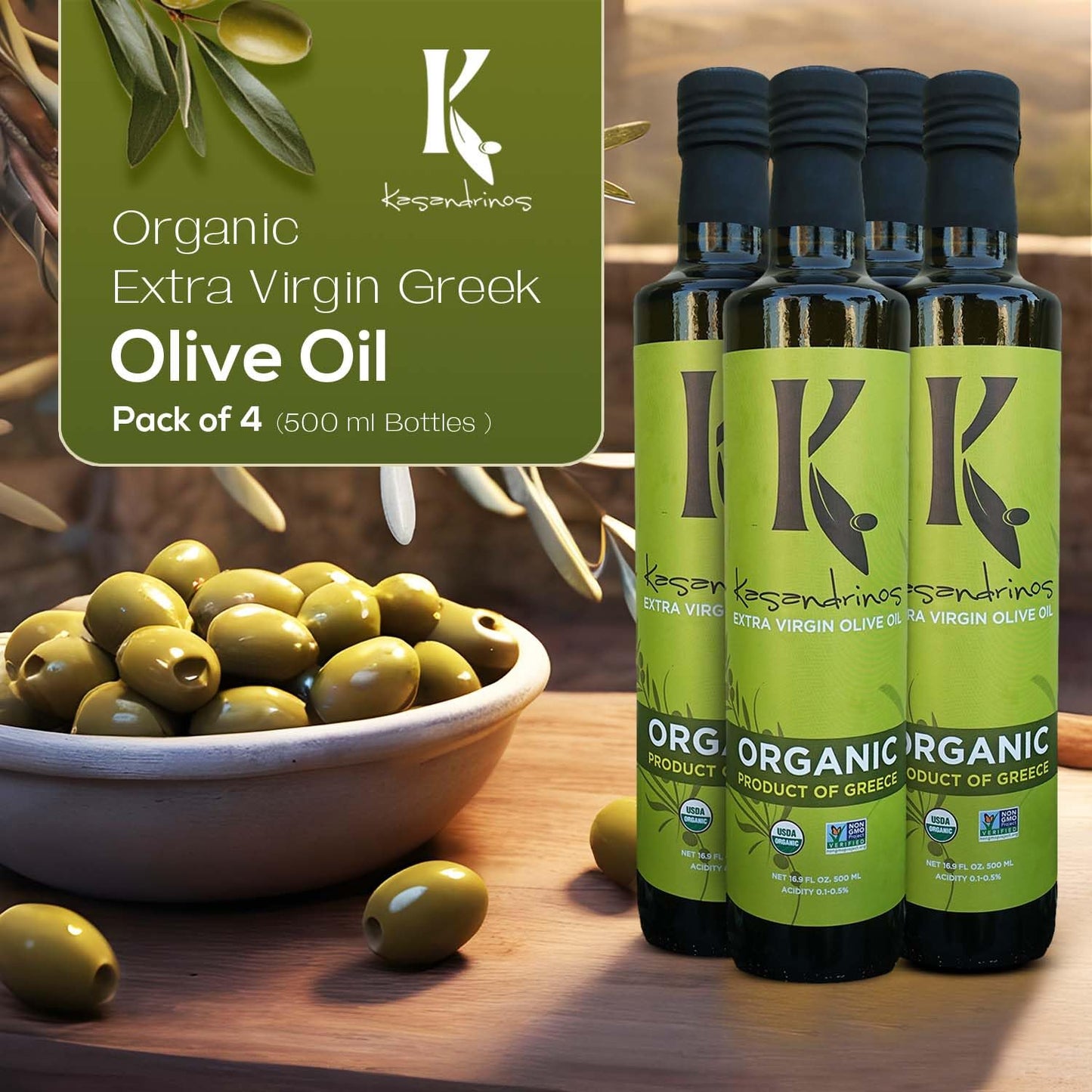 Kasandrinos Organic Olive Oil Extra Virgin, Polyphenol Rich Greek Olive Oil, 100% Organic First Cold Pressed, Mild + Delicate Flavor, Verified by Non GMO, 500 ml / 16.9 oz (Pack of 4)