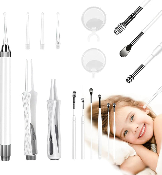 15 Pack Ear Wax Removal Tool Kit with Light - LED Ear Cleaning Kit, Ear Wax Removal for Kids and Adults, Ear Cleaning Tool, Ear Picker Spoon & Ear Tweezers & Spiral Spring Ear Spoon White