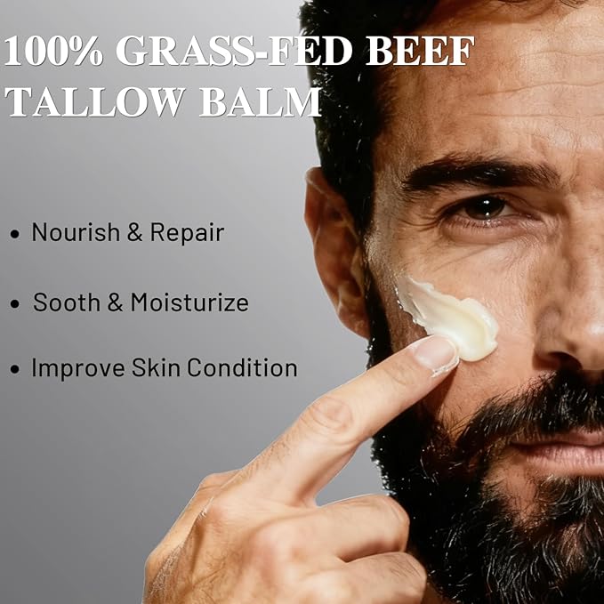 Grass-Fed Beef Tallow Balm for Men - Whipped Tallow Face Moisturizer & Beard Balm with Manuka Honey - Natural After Shave Care for Dry & Sensitive Skin, 2.1 oz