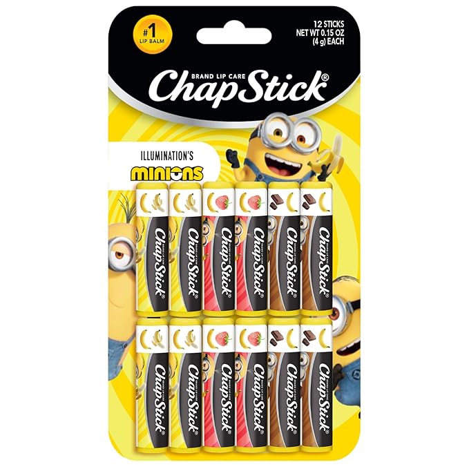 ChapStick Lip Balm, Minions Banana Variety Pack (12 Sticks), Party Favors for Kids, 0.15 Oz Ea