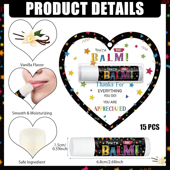 15 Pack Employee Teacher Appreciation Gifts Bulk Lip Balm Teacher Employee Staff Team Thank You Gifts You're the Balm Heart Volunteer Nurse Appreciation Party Favor for Women Men Coworker