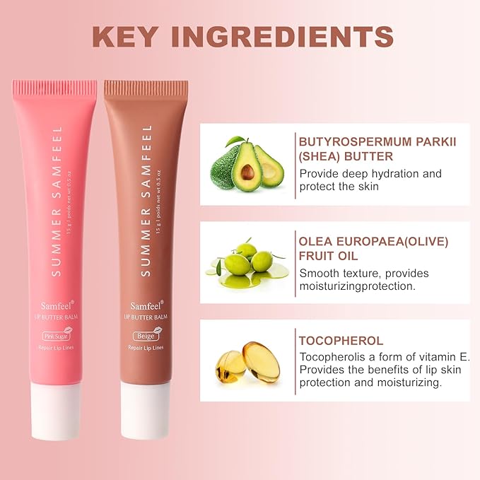 4 Pack Summer Samfeel Lip Balm Tinted Lip Butter Balm Gift Set -Conditioning Vegan Lip Balm for Instant Moisture, Shine & Hydration - Lip Gloss Lip Care (Pink Sugar+Birthday Cake+Vanilla+Beige, 15g)