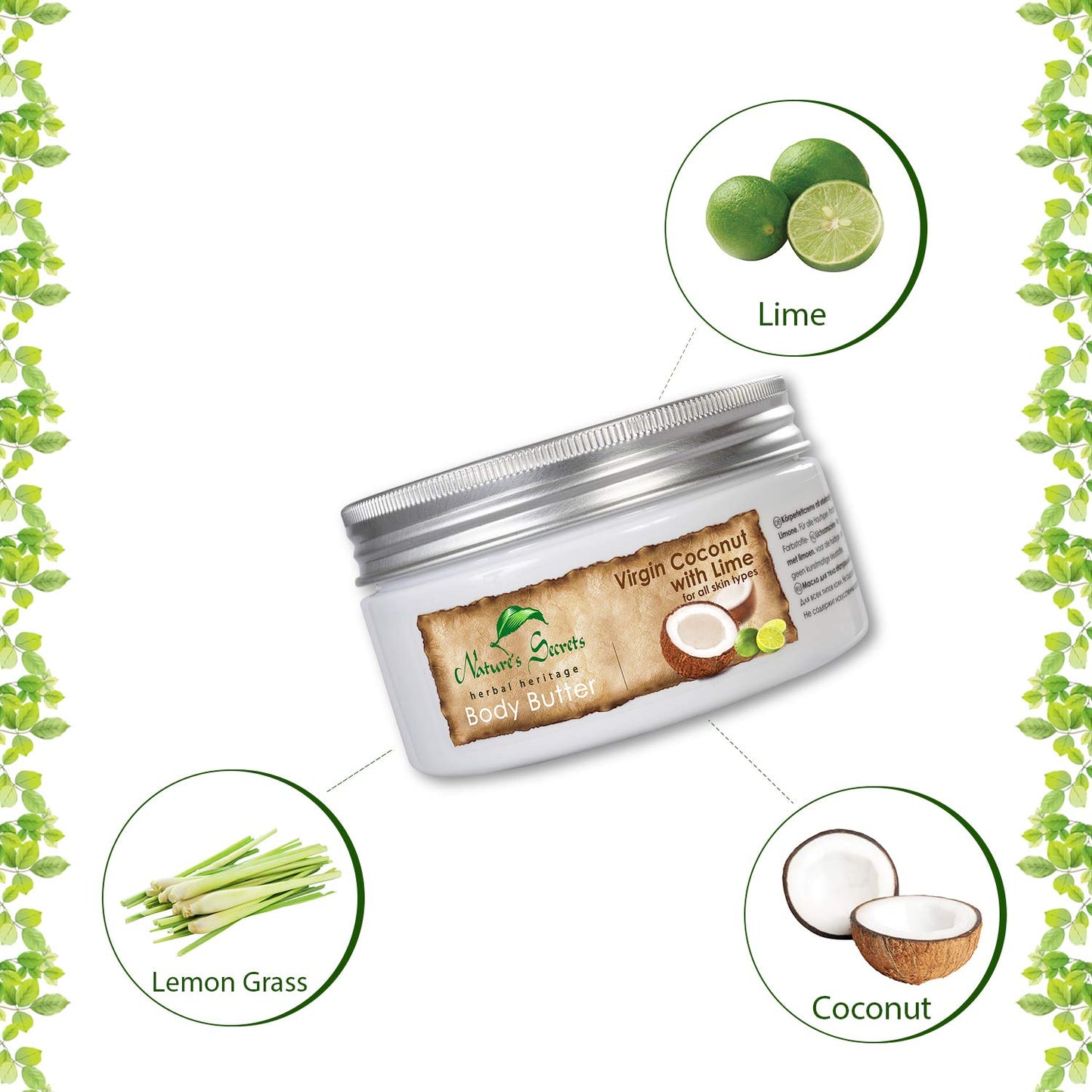 Nature's Secrets Coconut Body Butter with Hyaluronic Acid, Retinol, Jojoba Oil & Viatmin E. Creamy, Ultra-Moisturising. For Dry Skin.