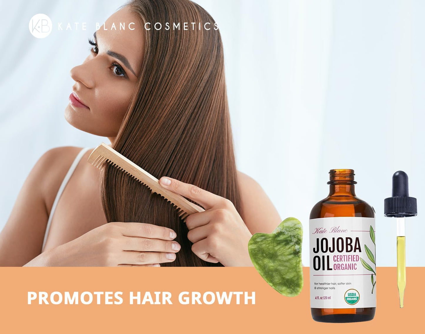 Kate Blanc Cosmetics Jojoba Oil for Hair, Skin & Face with Gua Sha Stone Kit. Gua Sha Oil for Face Massage (4oz, Organic, 100% Pure, Natural)