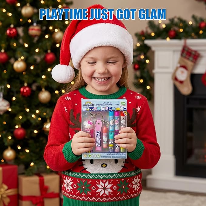 Townley Girl Hello Kitty and Friends 7 Pack Lip Balm with Keychain, Plant Based Lip Balm for Girls Kids