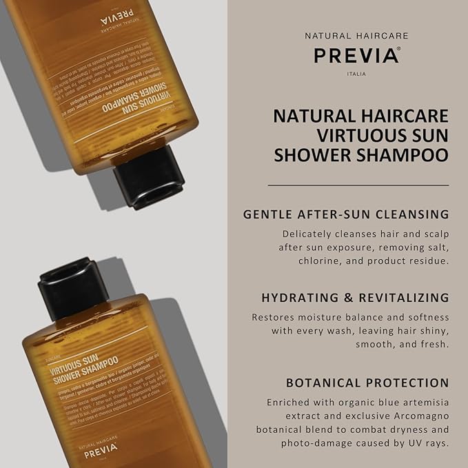 PREVIA Virtuous Sun Shower Shampoo | 2-in-1 Hair & Body Wash with Organic Juniper, Cedar & Bergamot | After-Sun Cleanser for Salt & Chlorine Removal | Vegan, Eco Bio Formula | 12 oz