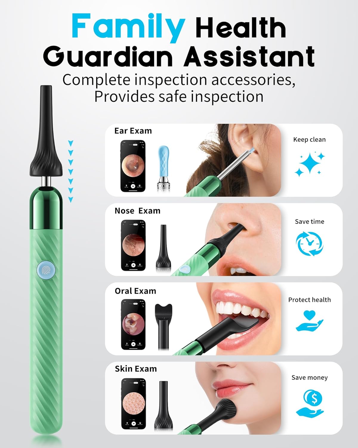 Ear Wax Removal Tool Camera Otoscope with Light, Ear Wax Removal Kit with 6 Ear Pick, Ear Camera- Green