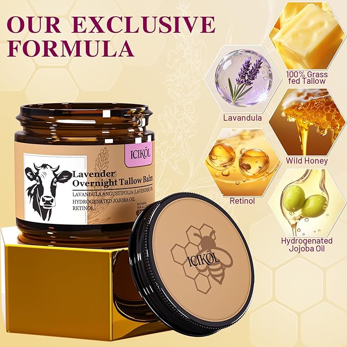 Lavender Grass-Fed Beef Tallow Balm for Men - Whipped Tallow Face Moisturizer & Beard Balm with Manuka Honey - Natural After Shave Care for Dry & Sensitive Skin, 2.1 oz