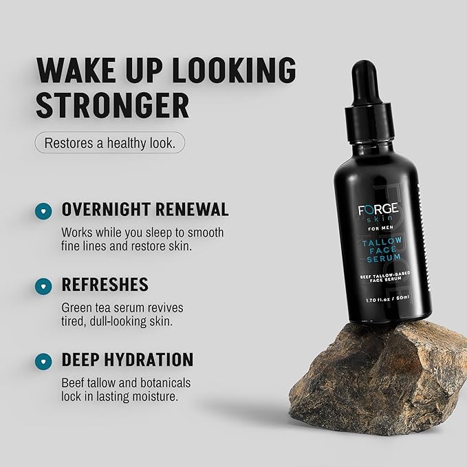 FORGE SKIN® Night Beef Tallow Serum for Men [TALLOW-BASED] - Facial Essence for Face Wrinkles with Essential Oils - Natural Green Tea Skincare for Radiance and Skin Hydration (1.7 OZ)