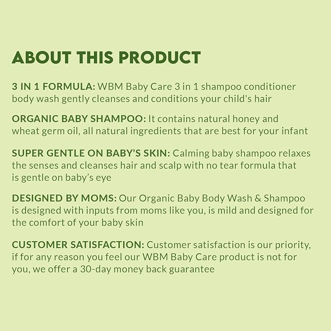 WBM Baby Care 3-in-1 Baby Shampoo, Body Wash & Conditioner, Care From Nature,100% Plant-Based, No Tear Formula, Safe on Babies Skin, Kids Shampoo 300 ml/ 10 fl. Oz