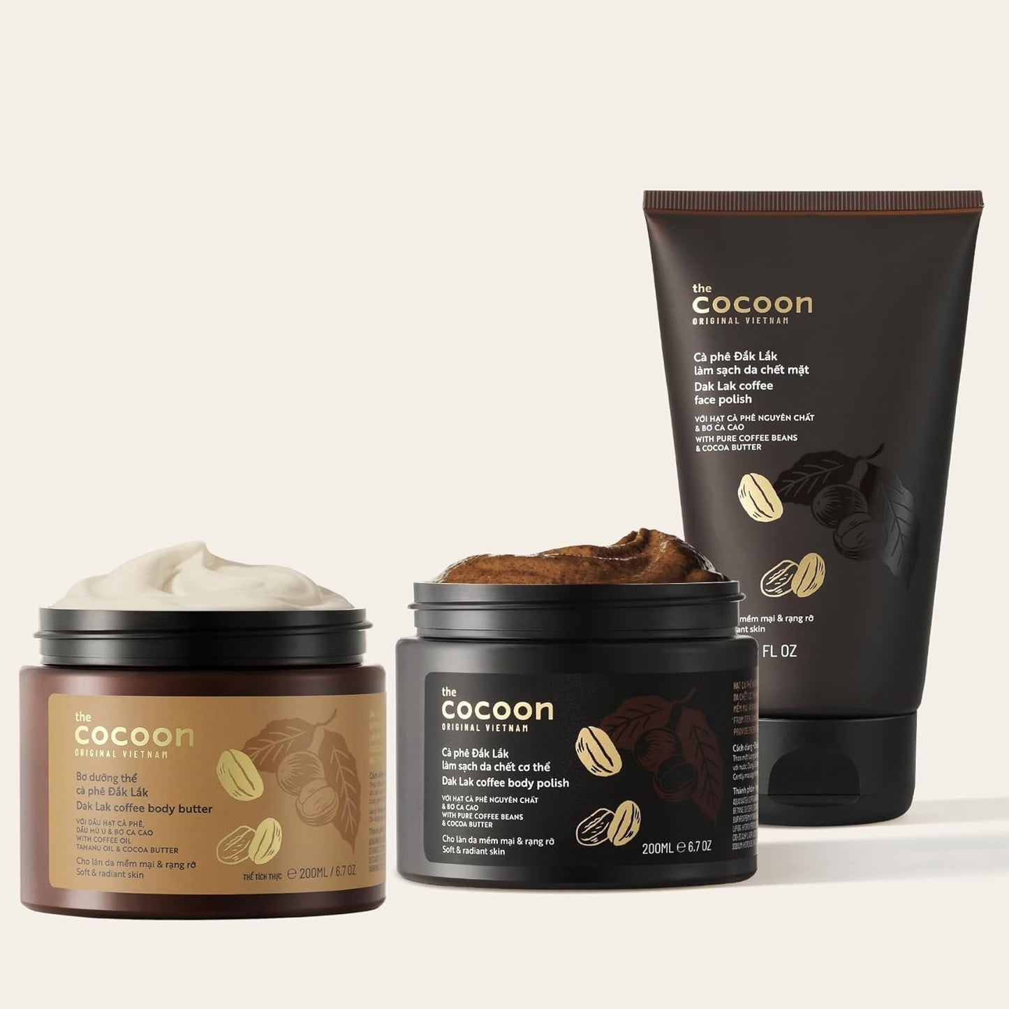 Cocoon Dak Lak Face Polish, Body Polish & Body Butter Combo. 100% Vegan Exfoliating Scrub for Smooth & Glowing Skins | Reduce Stretch Marks, Acne & Cellulite | Gift for Coffee Lovers (6.76 fl oz each)