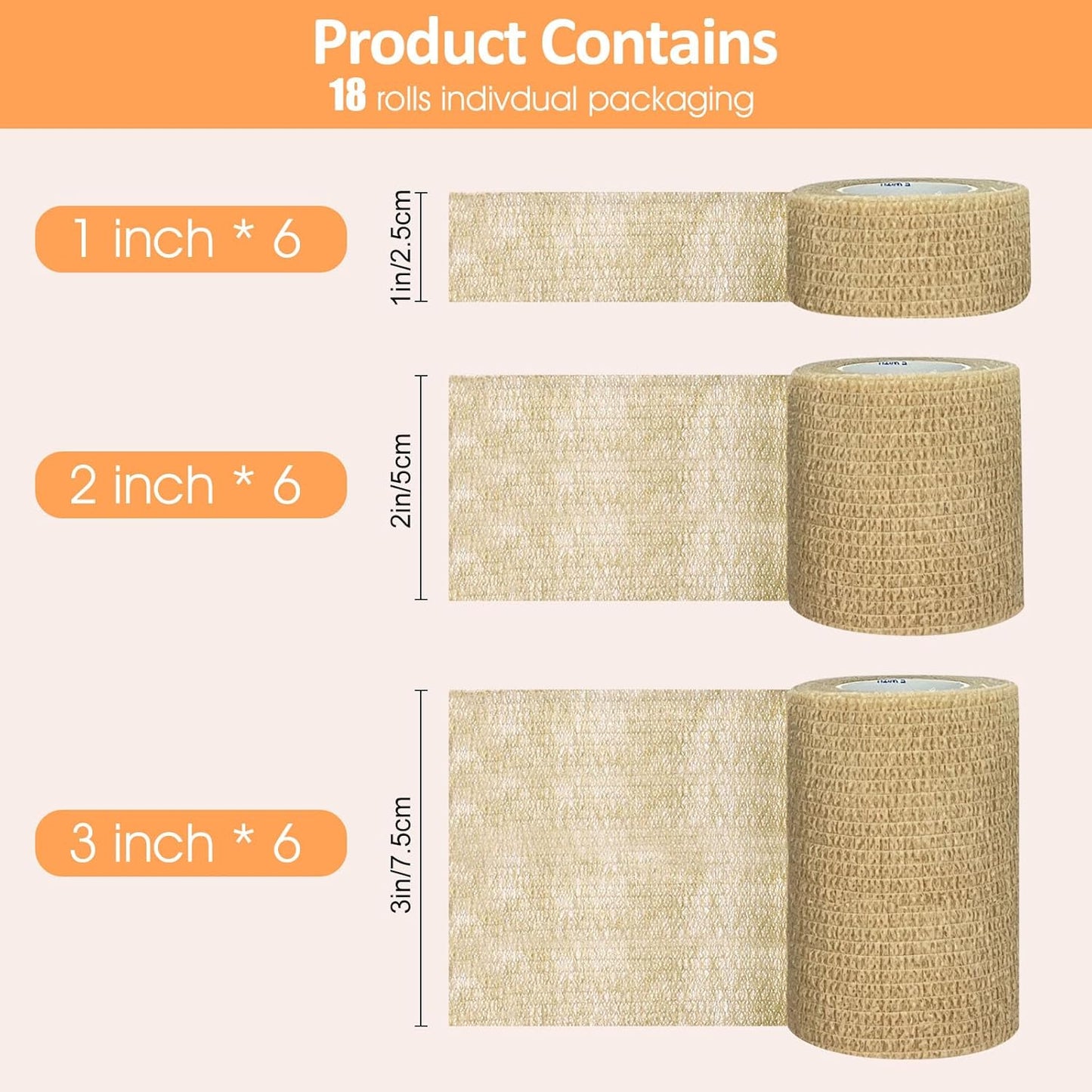 1"/2"/3" Self Adhesive Bandage Wraps, 18 Pack Skin Color Self Bandage Wrap for Wounds, Vet Wrap, Ankle Tape, Tattoo Tape Wrap, Medical Tape, Color Athletic Tape