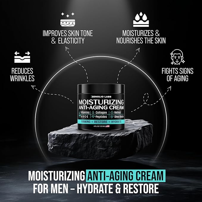 Mens Face Moisturizer Cream - Anti Aging & Wrinkle Face Cream - Mens Facial Moisturizer - Retinol, Collagen, Peptides, Vitamins E & A - Facial Skin Care - After Shave Lotion - Day & Night – 4 oz