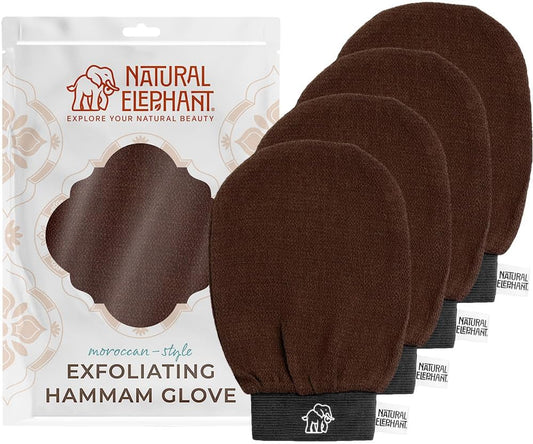 Natural Elephant Exfoliating Kessa Glove - Face and Body Exfoliator Hammam Mitt (Chocolate Brown (Pack of 4))