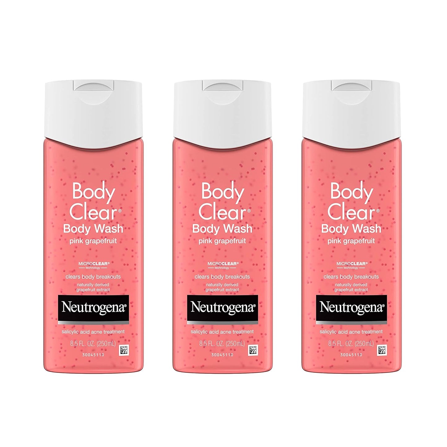 Neutrogena Body Clear Acne Treatment Body Wash with Salicylic Acid Acne Medicine, Pink Grapefruit Body Acne Cleanser to Prevent Breakouts on Back, Chest & Shoulders, 8.5 fl. oz, 3 Pack