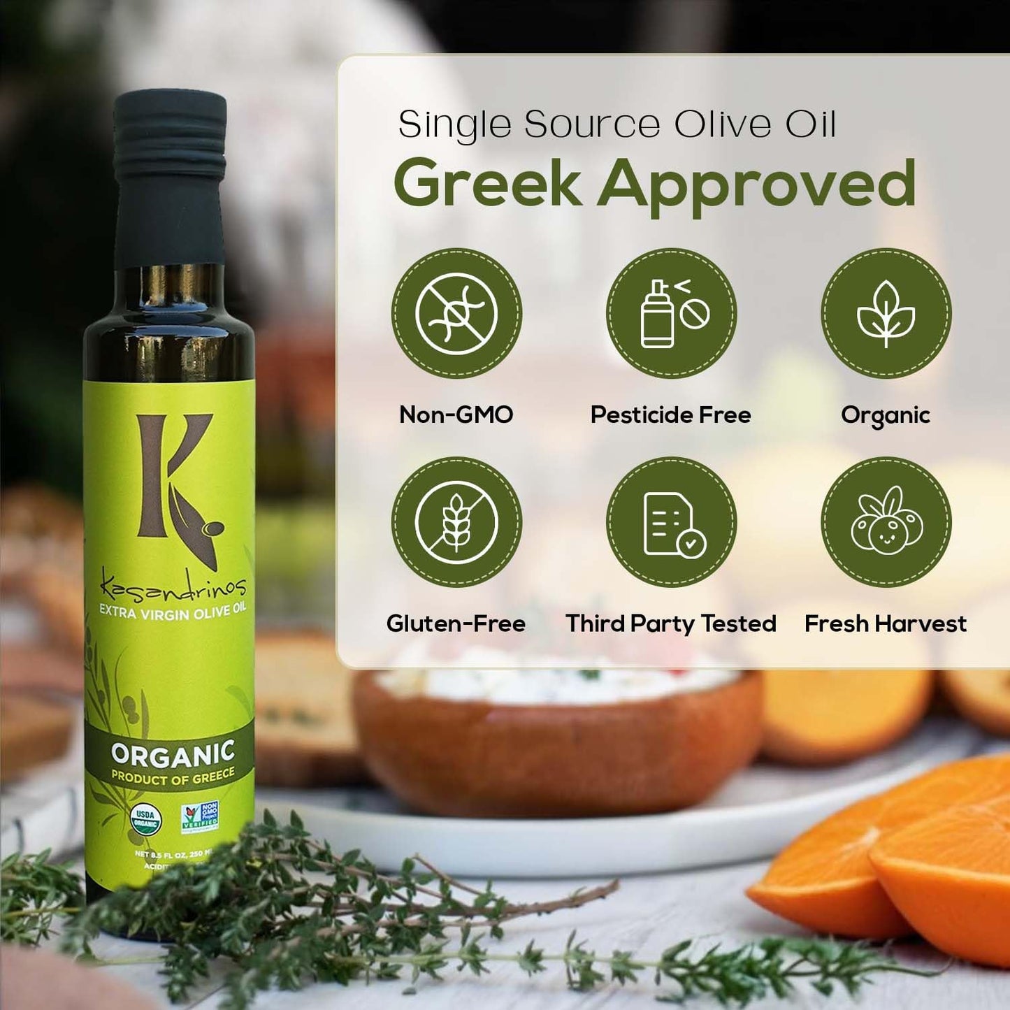 Kasandrinos Organic Olive Oil Extra Virgin, Polyphenol Rich Greek Olive Oil, 100% Organic First Cold Pressed, Mild + Delicate Flavor, Verified by Non GMO, 250/8.5 oz (Pack of 4)