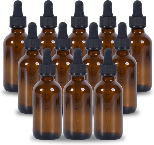 1 oz Dropper Bottle 12 Pack Amber Glass Boston Bottles 30ml with Eye Droppers Black Caps for Essential Oils, Perfume, Leak Proof Travel Bottles for Liquids